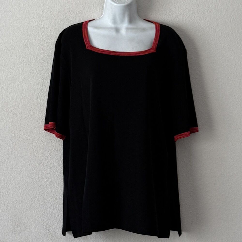 Misook Woman 1X Knit Top Whimsigoth Black Red Square Neck Acrylic Blouse Grunge